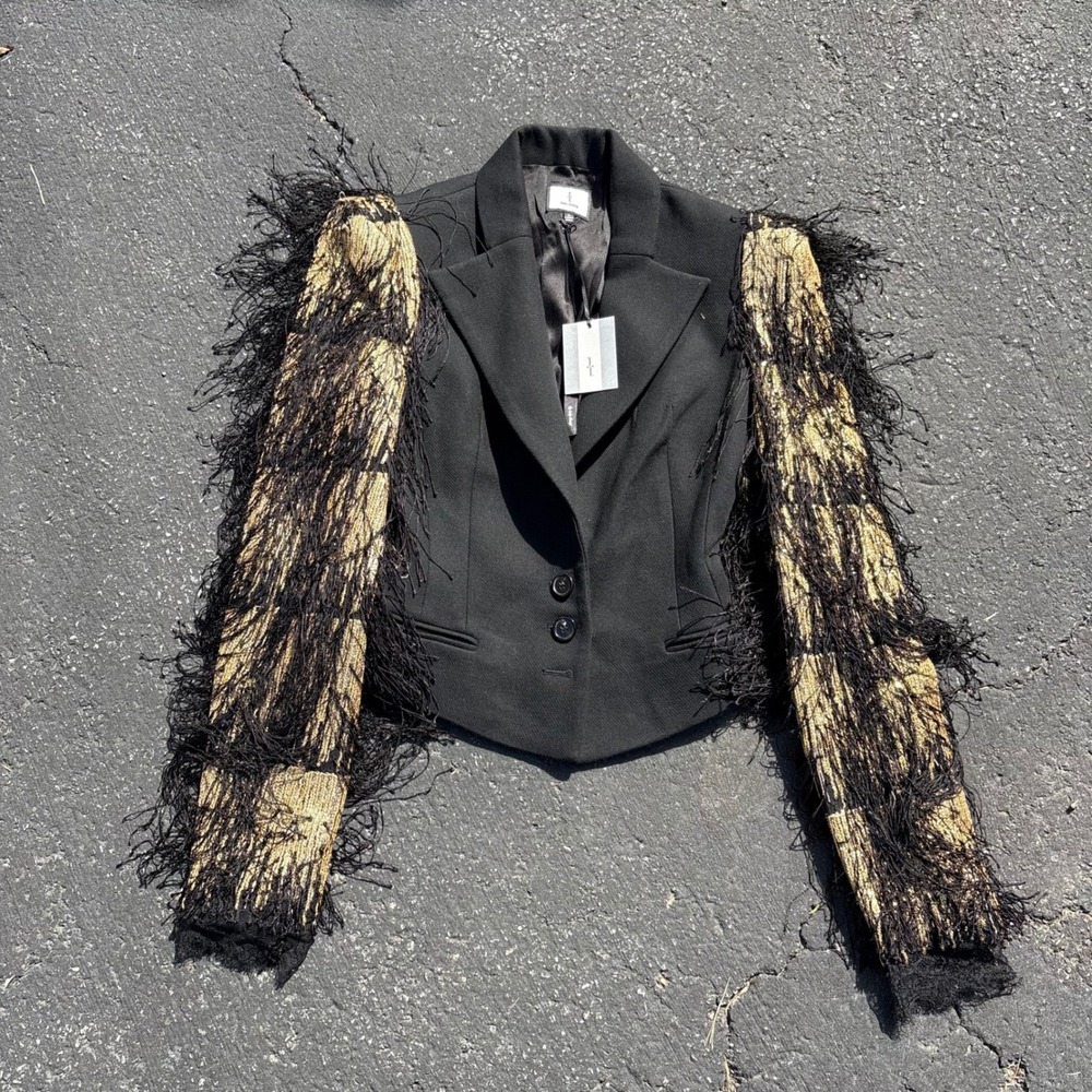 Judy Zhang Runway‎ Fringe Sleeve Blazer Black Gold Jacket NWT Size 4